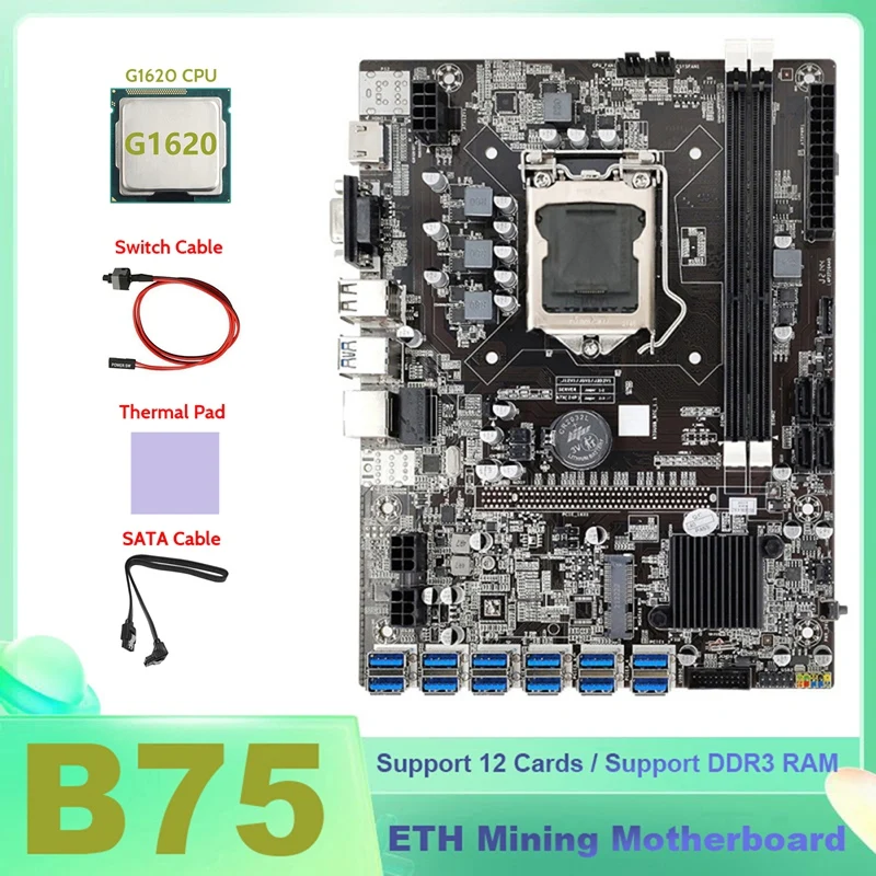 ГОРЕЩА дънна платка за майнинга B75 ETH 12XUSB + процесор G1620 + кабел SATA + Кабел превключвател + термопаста B75 USB дънна Платка за майнинга БТК